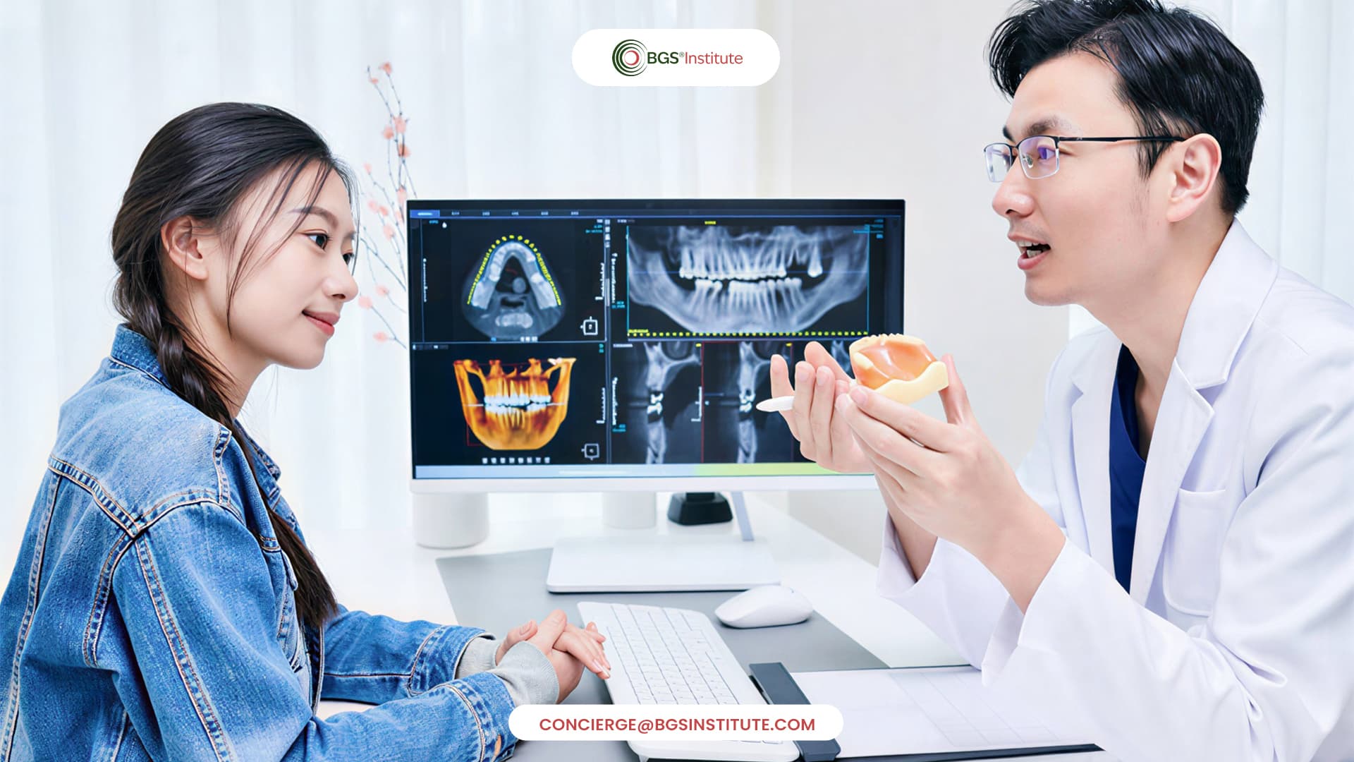 Biological Dentist explaining digital dental imaging to a patient during a patient centered consultation