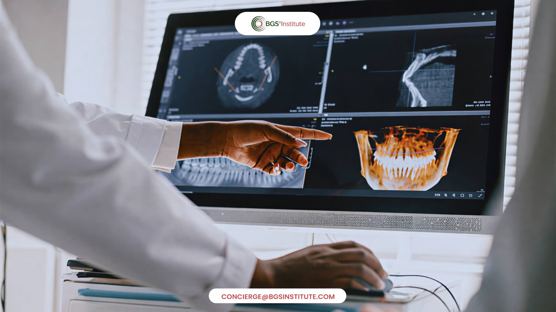 Dentist reviewing 3D dental imaging and jaw scans to assess factors that may influence treatment outcomes