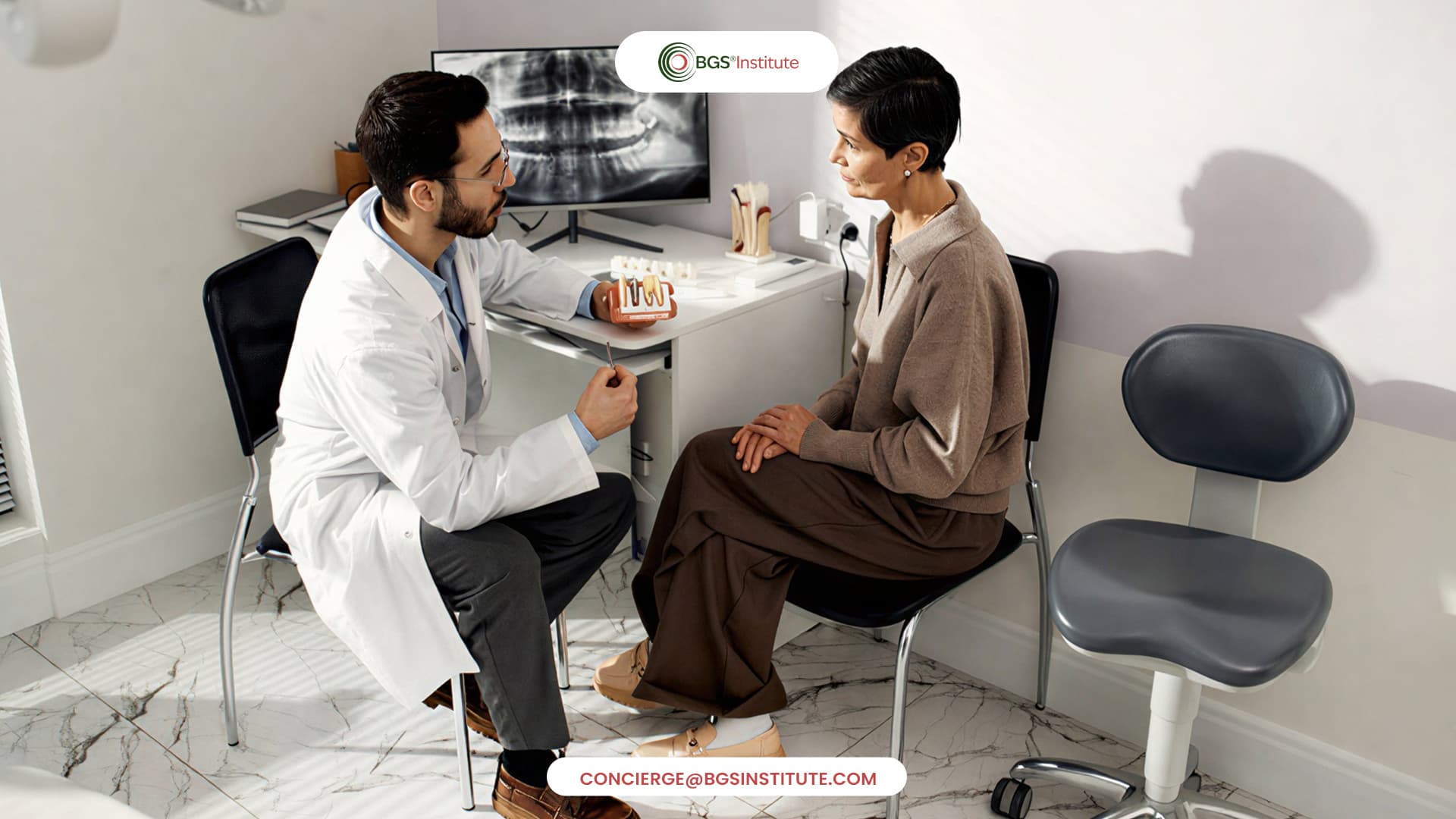 Biological Dentist explaining dental treatment options to a patient during a consultation