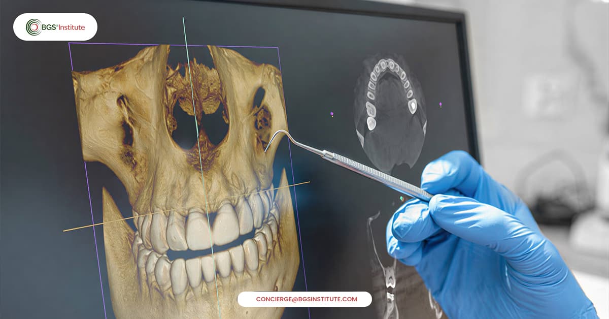 CBCT scan showing a three-dimensional view of the jaw and teeth during a whole-body dental assessment
