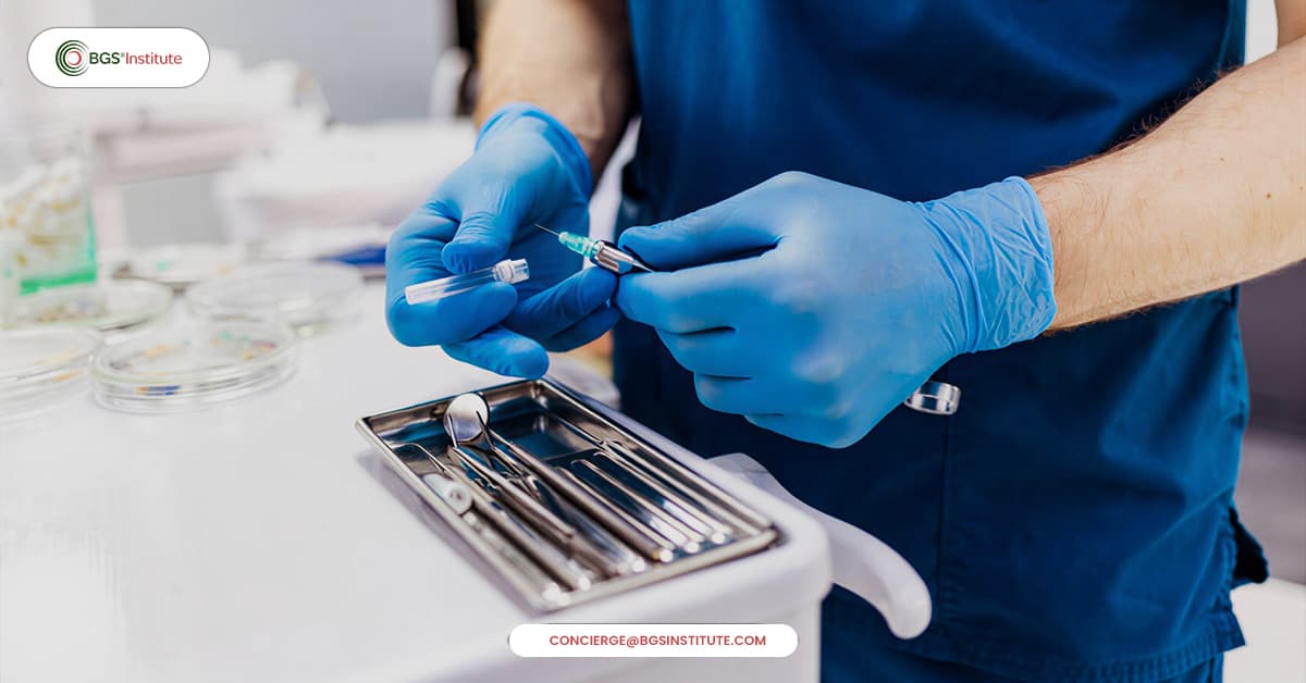 Dentist in blue gloves preparing dental instruments and syringe for safe dental care